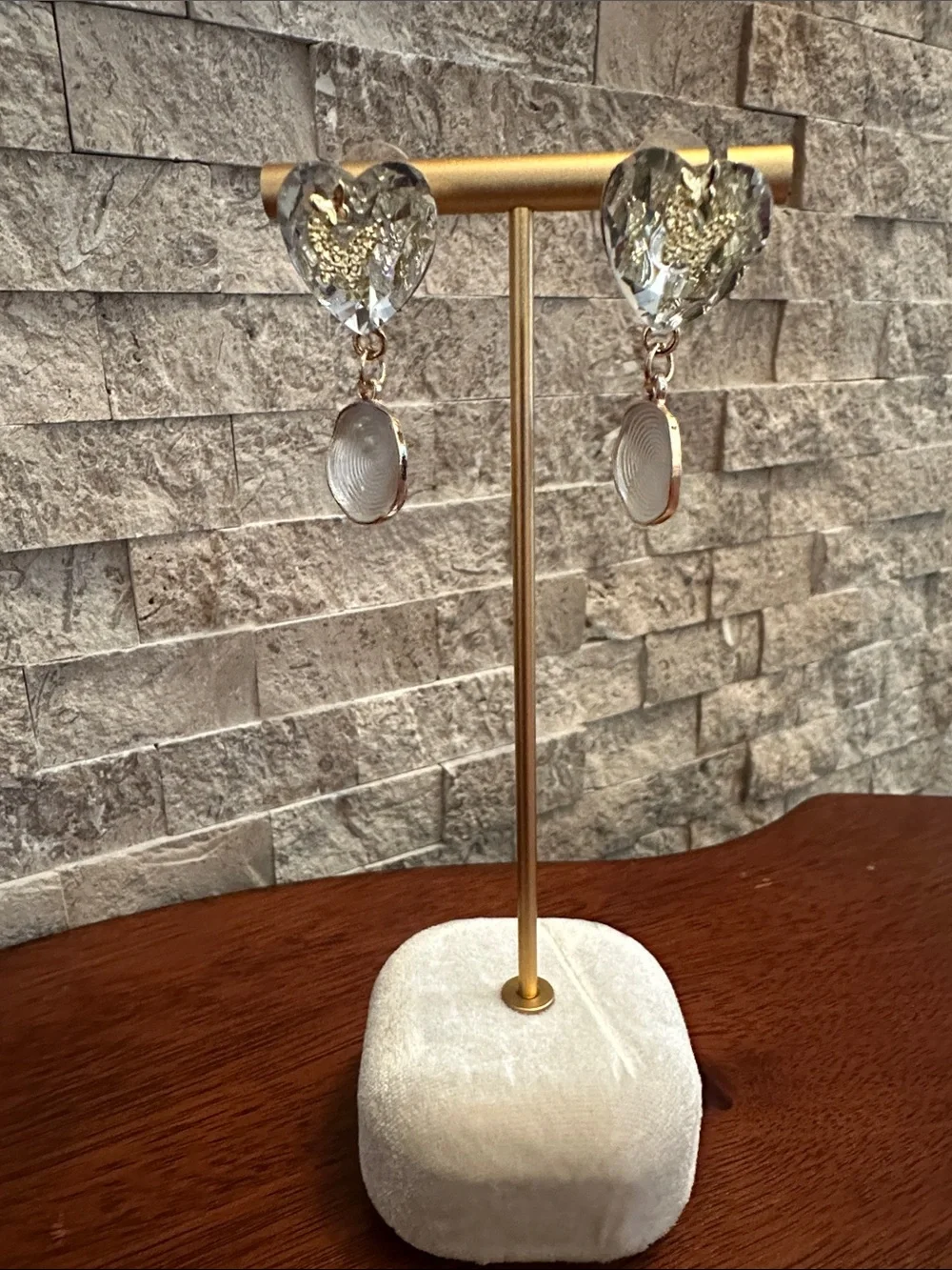 Fashion Jewelry Gold and Clear Heart Drop Earrings with Textured Discs